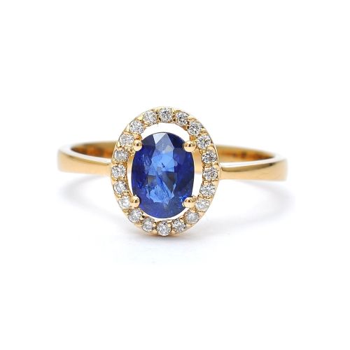 Yellow gold ring with diamonds 0.14 ct and sapphyre 0.74 ct