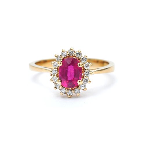 Yellow gold ring with diamonds 0.17 ct and ruby 1.34 ct