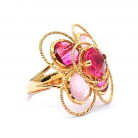 Inel din aur galben de 14K cu turmalină și cuarț roz