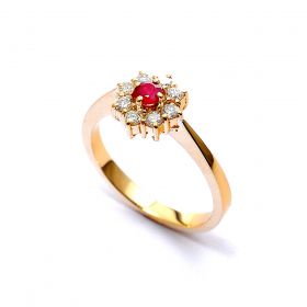 Inel din aur galben de 14K cu diamante  0.38 ct și rubin 0.21 ct