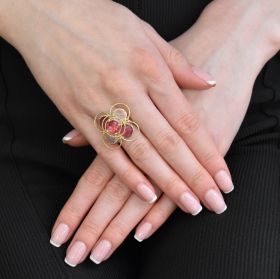 Inel din aur galben de 14K cu turmalină și cuarț roz