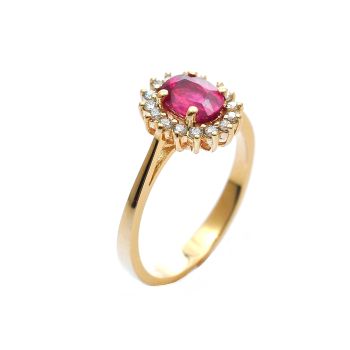 Yellow gold ring with diamonds 0.17 ct and ruby 1.34 ct