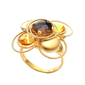 Gold ring with yellow topaz and smoky quartz