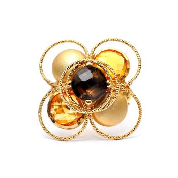 Gold ring with yellow topaz and smoky quartz