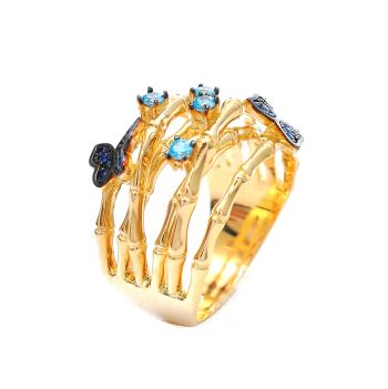 Inel din aur galben de 14K cu turmalină și topaz albastru